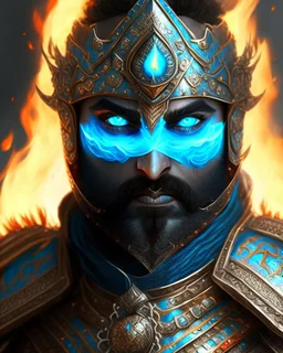 An iranian commander with flaming eyes with flaming light blue pupils with stubble An armor made of a mixture of steel and leather, worn by a strong commander with magical power stands atop a squire