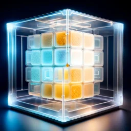 a futuristic translucent neurocube, inside the cube there are partitions made of honeycomb plates