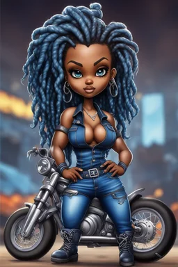 create an airbrush illustration of a chibi cartoon voluptuous black female wearing a blue jean outfit with biker boots. Prominent make up with hazel eyes. Extremely highly detail of a twisted dreadlocks. Background of a bike show.