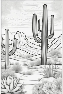 Stress Relief themed coloring page for adult, cartoon style, thick outline, No details, No shading, No colors, no background, black outline only, A cute desert oasis with intricate cactus patterns and gentle, soothing hues.