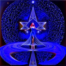 A surreal cosmic scene featuring an elegant woman in a flowing lavender and blue gown standing at the center of a massive five-pointed star-shaped platform floating in deep space. The star is constructed from intricate architectural elements - miniature buildings, geometric cubes, and stone blocks arranged in a mosaic pattern. Golden luminous trails and swirling energy ribbons spiral around the star's points. The background features a breathtaking nebula with purple, pink, and blue cosmic clouds
