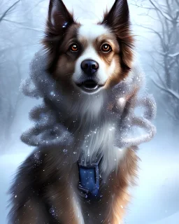 portrait of sad, scared, lonely dog tied to a short leash in front of house, winter, 8k resolution, high-quality, fine-detail, intricate, digital art, detailed matte, volumetric lighting, illustration, 3D octane render, brian froud, howard lyon, selina french, anna dittmann, annie stokes, lisa parker, greg rutowski