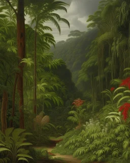 A dark brown rainforest with chili pepper trees painted by Lucas van Leyden
