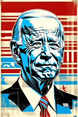 stylized stencil portrait of Joe biden in solid red, beige and (light and dark) blue with the mandarin character for obey overlaid on the bottom