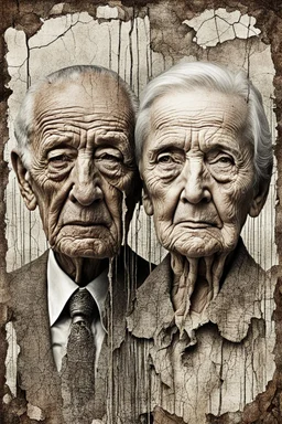 an old couple faces old pale brown vintage photo with crack, fault, glich technique, grey-brown, defects, graininess, white noise, lines, scratches, glitch art