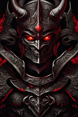 Create an illustration of a demon king knight, adorned in dark armor with intricate demonic motifs. The knight stands tall, exuding an aura of power and menace. Their eyes glow with an otherworldly red light, reflecting their connection to the demonic realm. A wicked, horned helmet conceals their face, adding an air of mystery and intimidation. In one hand, the knight wields a massive, serrated sword, crackling with dark energy. The sword is engraved with ancient symbols of darkness and destruct