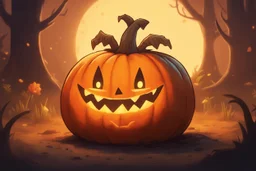 круглая тыква с прорезанной ухмылкой и горящим изнутри оранжевым светом. Маленькое существо в заляпанном землей фартуке, в стиле Stardew Valley