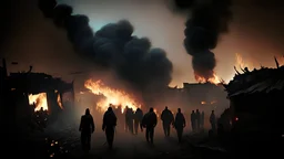 /imagine prompt: realistic, personality: [in middle age, panoramic view of a village engulfed in flames. Smoke billows into the darkened sky, creating an atmosphere of chaos and despair. The camera slowly zooms in on a group of young men, their faces filled with determination and courage as they stand amidst the destruction. The flickering flames illuminate their expressions, reflecting their unwavering resolve to bring light back to their homeland.] unreal engine, hyper real --q 2 -