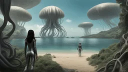 Detailed matte painting of a wide-angle shot of a woman, standing on the right side of an alien beach, with dark hair in a silver robotic catsuit, many large floating jellyfish with octopus tentacles, alien jungle trees in the distance