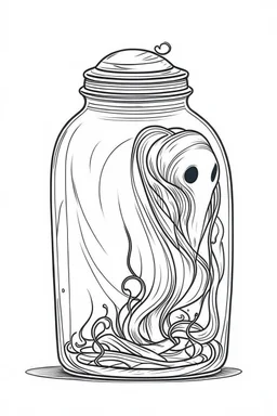 ghost stuck in the jar idea, line art, background, vector, svg, black outline on white background, leave plenty of white space beetween lines for coloring, tattoo style, tattoo idea,full body, minimalist