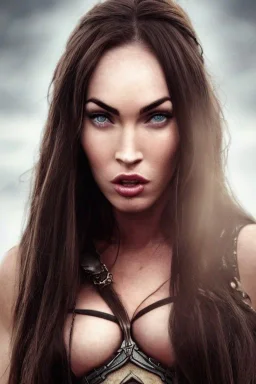 Megan Fox com rosto perfeito, roupa viking, rosto muito detalhado, rosto realista, perfil, realista, efeito partículas, névoa