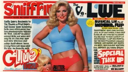 SNIFFIN’ GLUE magazine high res photo cover by Russ Meyer: special issue #42 on the business of adult pull-up thick diapers, seen from bellow, guest star: blonde Sally knows that there were incontinent women like herself with large busts out on the beach and she is missing adult ultra thick pull-up diapers with the matching bras. Her concept is to pair diaper designs with bra designs, specifically themed for surfing.