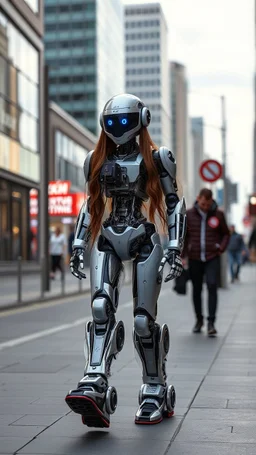 a photoshoot view fullbody all to feet beautifull Russian Supermodel long hair having humanoid body robot transparent visible glass shiny explore inside details machines mechanical parts,walking city street