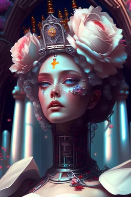 robotic women, flowers, dance, castle, dress, avatar, close up, crown, real lips, queen, diva