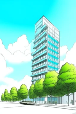 Dibujo arquitectónico de un edificio de cinco pisos, moderno, diseñado aplicando la proporción, estilo minimalista futurista, calidad ultra, gente, árboles, colores contrastantes, cielo con nubes pequeñas, 64k