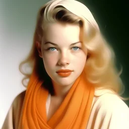 A photograph of childish norma jeane baker with long blond hair, hwith spiky hair, no make up, in the style of milton greene, a pale orange silk scarf around her shoulders, white bacground
