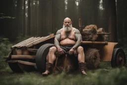 full body 50 years old woodcutter in boxer muscular chubby hairy shirtless with many tattooes with a huge bulge , body, long beard, wood background,High detail, very detailed, ultra HD, 8k, cinematic