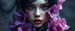 medium portrait body, biomechanical surrealism, sharp eyes cutting through the facial softness, high fashion intertwined with dark elements, purple hues, transparent icy organic flowers meets synthetic textures, mechanical intricacies around the figure, diffused backlighting, digital painting, cinematic, ultra detailed