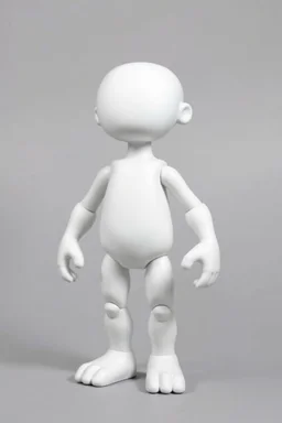 a standing animated figure (no neck, head molded into body, a completely flat face area, stubby legs, bulky arms, no painted details, white in color) vinyl art toy