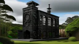 A black metallic factory designed in designed in Maori sculptures painted by George Inness