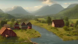 Looking across a torrential dangerous river to a village of new wooden houses, circular wooden church, and farm buildings, and mountains in the far distance, highly detailed, realistic, sunshine, RTX