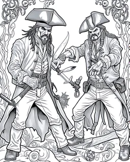 Pirates of the Caribbean: Dueling Pirates Coloring Challenge: Create an action-packed coloring page inspired by the Pirates of the Caribbean movie, featuring a dramatic scene with two pirates engaged in a thrilling sword duel. Capture the intensity of the battle with dynamic poses and expressions, providing ample space for young artists to color the characters and their surroundings in black and white. This coloring challenge invites kids to infuse their creativity into the high-stakes world of