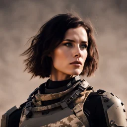 beautiful sexy caucasian female soldier, black metal body and limbs, visible cybernetic limbs, scratched sand camo, no armor, short brunette wavy bob haircut, dystopian, desert scene