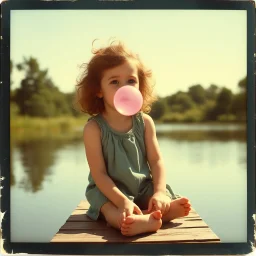 Nostalgic Polaroid photograph of a preconscious girl with curly hair blowing a pink bubblegum bubble while sitting on a small dock of a summertime pond,