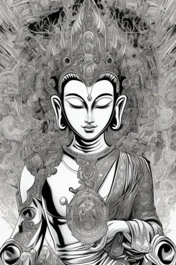 comic book line art, black and white, buddha, pencil and ink manga drawing, clean ink detailed line drawing