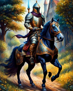 Full body alienígena antropomorfico humanoide con traje de caballero medieval montado en un caballo arte ilustración impresionista calidad ultra hiperdetallado intrincado maximalista 12k