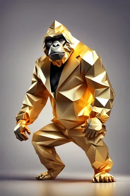 close up of a low poly origami of golden reflective metallic over size gorilla hip hop break dance strike the pose over a gradient solid background
