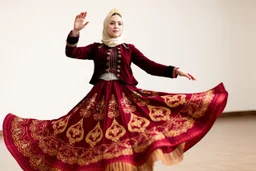 Medium shot of an Azeri woman dancing in a traditional “Arkhalig” velvet jacket and a long, flowing “Tuman” skirt embroidered with gold “Buta” patterns. She wears a “Gümüş Kemer” (silver belt) and a “Ruband” silk headscarf held by a gold “Tiara.” Her hands are performing “Şana” (comb-like) finger movements. She spins slowly, the heavy fabric of her dress billowing outward in a controlled, elegant circle.