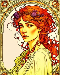 Tile hair, flaming lips, eyes seeking eternity, leader of the witch community, coppery tresses tumbled about her face, tremendous facial anatomy, meaningful beautiful brown eyes, wavy purplish hair, one third rule, trending on top of Art station, by Alphonse Mucha"