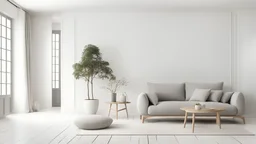 Scandinavian living room with gray armchair on empty white wall background. 3d rendering