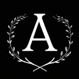 2 branches(crossed at bottom, arching wreaths), Letter A in Middle, delicate linework, sharp image, white vector on black background