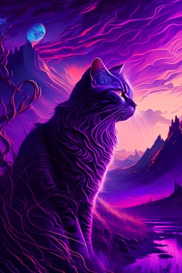 majestic cat, psychedelic, violet tones, fantasy landscape