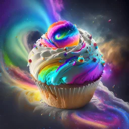 cosmic muffin in space, delicious galactic cream vortex, 8k resolution, photorealistic, ultra detailed, rainbow coloured