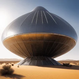Bigger! Wilder! Whoa! this spaceship, an hybrid between code and metal: a gigantic metallic structure covered by cryptic code. The metallic surface gleams in the desert sunlight, reflecting the harsh rays like a mirror. The cryptic code, a language unknown to any human, glows softly, pulsating with an otherworldly energy.
