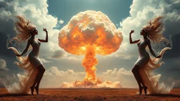 a nuclear explosion cloud(middle) with the wind and smoke(left and right sides) forming seductive dancing women