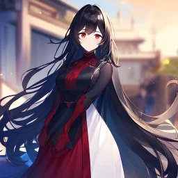 Clear focus, high resolution, black long fluffy hair, red eyes, wearing a detailed outfit