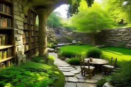 Panoramic Library Gardens: Medieval fantasy meets ancient nature. Winding stone paths under towering trees form a living cathedral. Vines and flowers cascade, while plants cling to ancient trunks. Natural seating areas of smoothed boulders and fallen logs. The library, built of fieldstone and timber, emerges from the landscape with large openings. Dappled sunlight illuminates quiet reading nooks. Style: natural textures, light play. Colors: deep greens, earth tones, jewel-toned flowers, golden