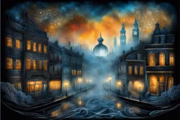 wide shot from unique made of lace, street scene behind a foggy glass, blurred silhouettes, impasto, long exposure, night, ink painting stunning landscape of different elements, epic glowing night background fantasy, highly detailed , masterpiece deep surreal background, cinematic