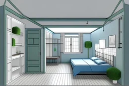 arched ceiling blue bedroom based on the floor plan