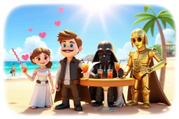 3D video game characters, star wars, Leia princess, Luke, Han Solo, Chewbacca, Darth Vader, C3PO at the beach in sunshine, tiki bar, cocktails, hearts, waterfall, happiness