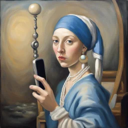 Satire of "Girl with a pearl earring" painting, fantastical representation of girl with a pearl earring who is taking a selfie with a cell phone on a selfie stick, surreal, impressionism