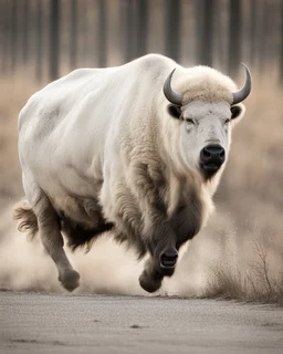 Bisonte blanco corriendo, de ojos negros, hocico negro y pesuñas negras. Arte Déco Calidad ultra