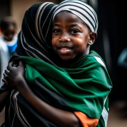 A black girl carrying the South African flag hugging a young Arab child