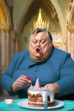 fat viktor orban eating birthday cake in a castle