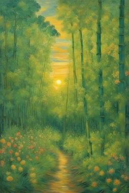 A lime green forest filled with flowers and bamboo trees in sunset , painted by Van Gogh, Busch painting style ,