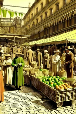 1890s new york city market people socialicing in the sun earthy colors digital art